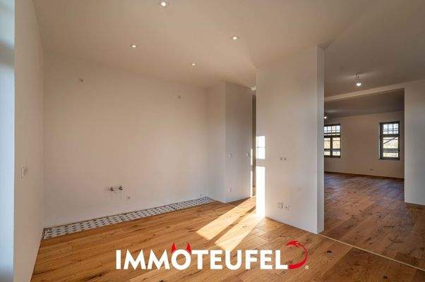 Küche mit Blick in den Wohnbereich