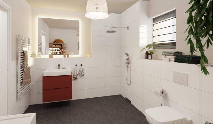 Komfortables Tageslichtbad mit bodengleicher Dusch