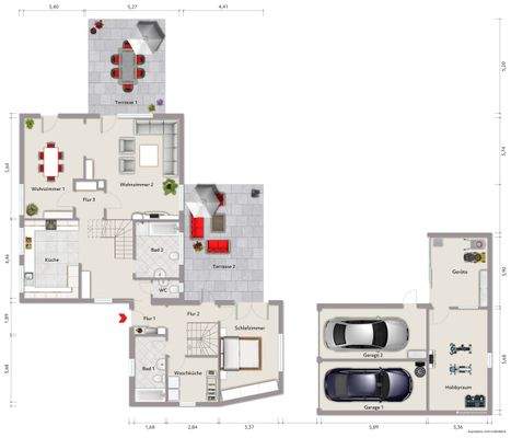 Grundriss Erdgeschoss (nicht maßstabsgerecht, Möblierungsbeispiel)