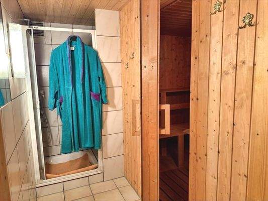 finnische Sauna mit angrenzender Dusche im Keller