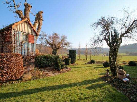 Wiesenfläche im Garten mit Baumhaus