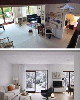 Oben: Wohnzimmer von der Treppe aus, Unten: Wohnzimmer mit KI-Animation