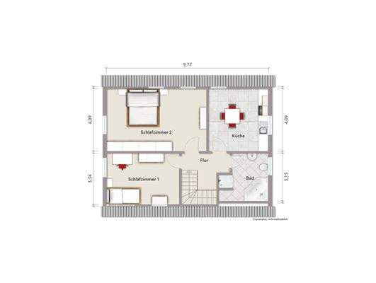 Grundriss Dachgeschoss (nicht maßstabsgerecht, Möblierungsbeispiel)