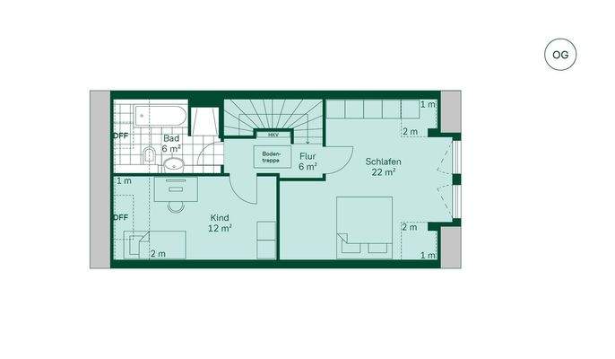 Obergeschossgrundriss vom Reihenhaus im Projekt Pütnitzwiese