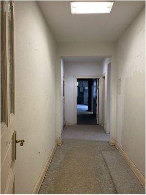 Übergang von der Ladenfläche zum Flurbereich von welchem die Büroräume, Küche und Badezimmer abgehen