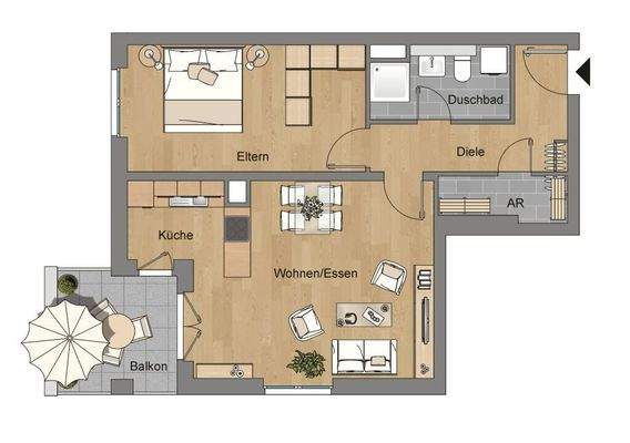 Grundriss einer 2-Zimmer-Wohnung im 1. Obergeschoss mit offenem Küchen- und Essbereich, Balkon, Schlafzimmer, Flur, Badezimmer und Abstellraum