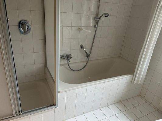 Blick in die Dusche und zur Badewanne