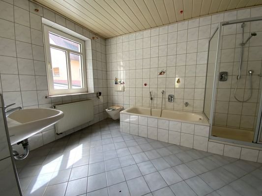 Tageslichtbad mit Badewanne, Dusche, Waschbecken und WC