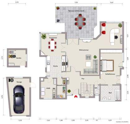 Grundriss Erdgeschoss (nicht maßstabsgerecht, Möblierungsbeispiel)