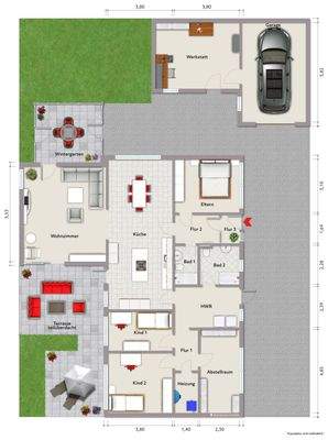 Grundriss Erdgeschoss (nicht maßstabsgerecht, Möblierungsbeispiel)