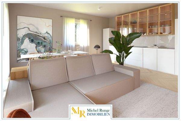 Wohnzimmer mit Blick in die Küche (Visualisierung)