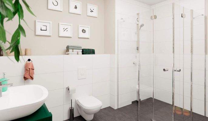 Ein modern gefliestes Badezimmer mit bodengleicher Dusche