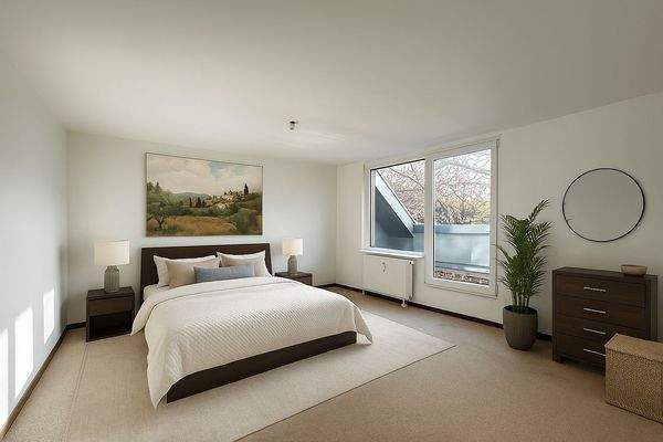 Visualisierung Schlafzimmer mit angrenzendem Balkon im Dachgeschoss