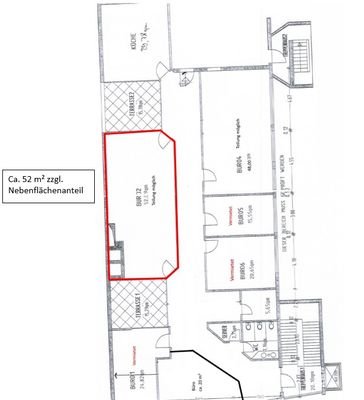 Grundriss 2. OG 52 m² markiert