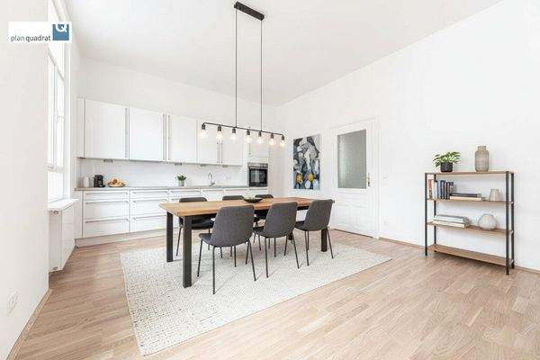 Küche / Esszimmer (gem. Grundriss-Skizze) - Möblage ist KI-generiert und nicht Teil des Mietgegenstandes