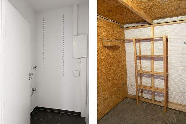 Abstellraum innen mit Waschmaschinenanschluss und Außen-Abstellraum