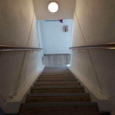 Oben angekommen, Blick die Treppe runter