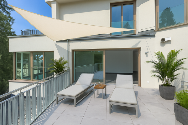 Sonniger Aussenbereich mit Rundumblick über den Wiesengrund - (KI generiert)