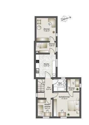 Obergeschoss, nicht maßstabsgerecht (Einrichtungsbeispiel)!