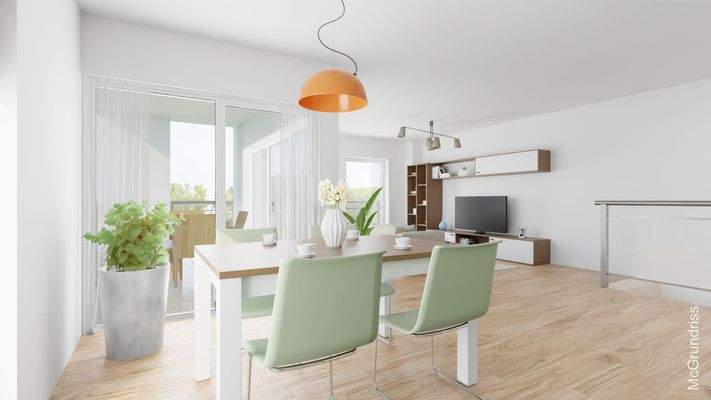 Blick von Küche in Wohnbereich