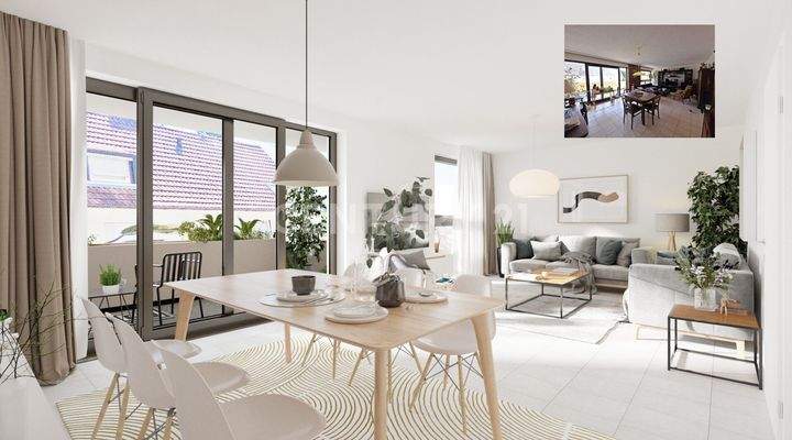 visualisiertes Wohnzimmer mit Bild vom aktuellen Zustand