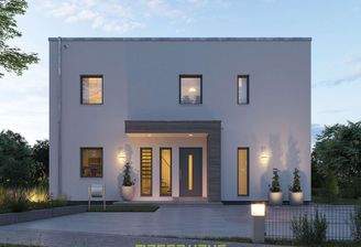Frontale Abendansicht eines modernen massa haus Fertighaus Einfamilienhauses im Lifestyle-Design, mi
