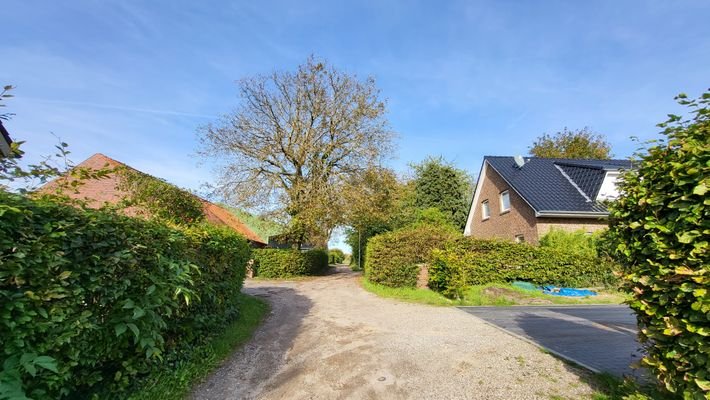 Straße, rechts abgehend die Zufahrt zum Grundstück