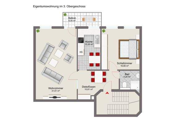 schematische Grundrissdarstellung mit Einrichtungsbeispielen