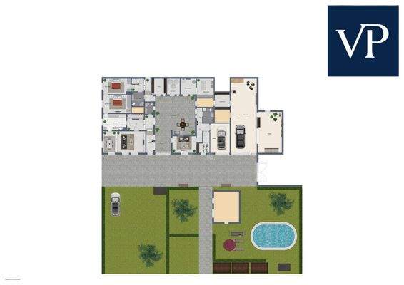 Grundriss EG Gebäudekomplex mit Stellplatz und Gartenanlage