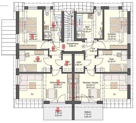 Grundriss Whg.3, DGre rot markiert 