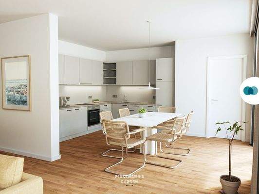 Ansicht IV: Wohn- und Esszimmer mit offenem Küchenbereich