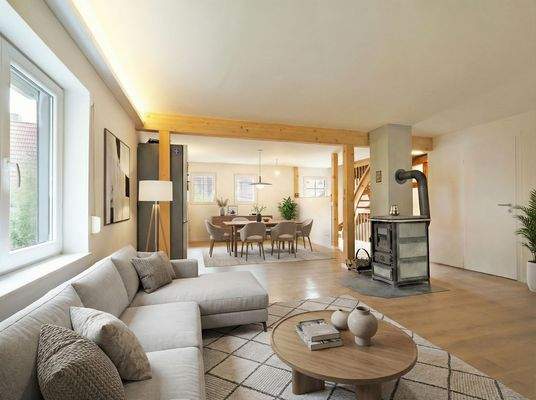 Offener Wohnraum mit Blick zur Küche (Virtualisierung)