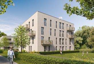 Modernes Wohnhaus mit Balkonen und Grünflächen, wo Menschen entspannen, spazieren gehen und Kinder spielen.