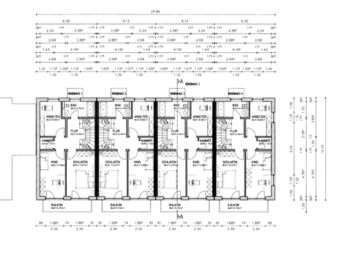 Grundriss Obergeschoss der 4 Reihenhäuser
