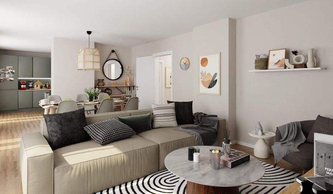 Lichtdurchfluteter Wohnbereich dank bodentiefer Fenster