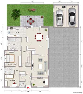 Grundriss Erdgeschoss (nicht maßstabsgerecht, Möblierungsbeispiel)