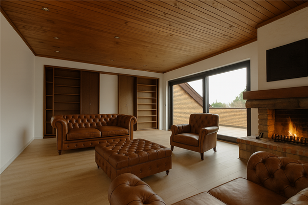 Großes Wohnzimmer mit offenem Kamin