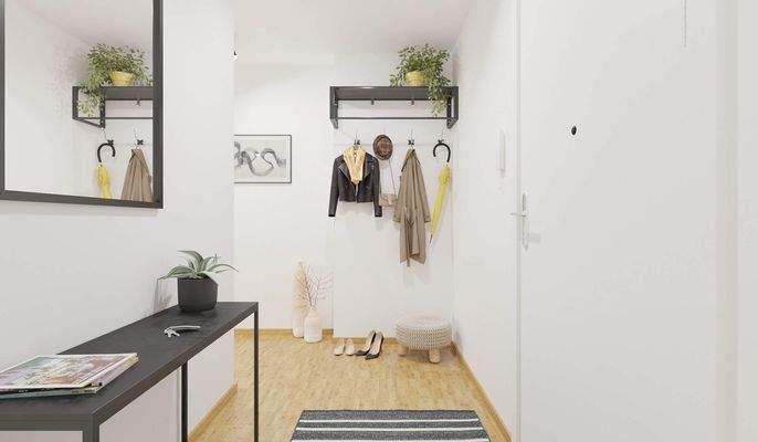 Der Eingangsbereich bietet Raum für Garderobe und Schuhe