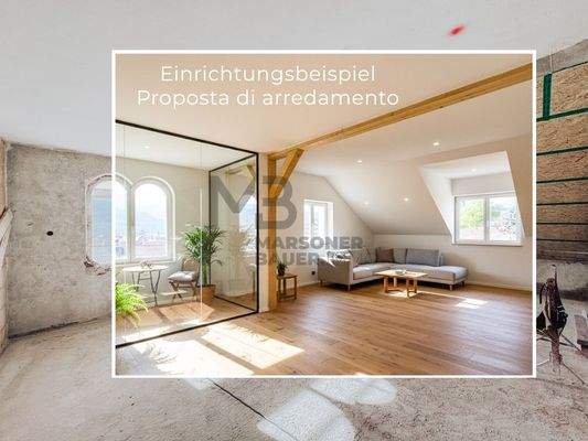 Innendarstellung mit Einrichtungsbeispiel zur Veranschaulichung - W04_Wohnung 2. Stock Süd - rendering interno con proposta di arredamento a solo scopo illustrativo