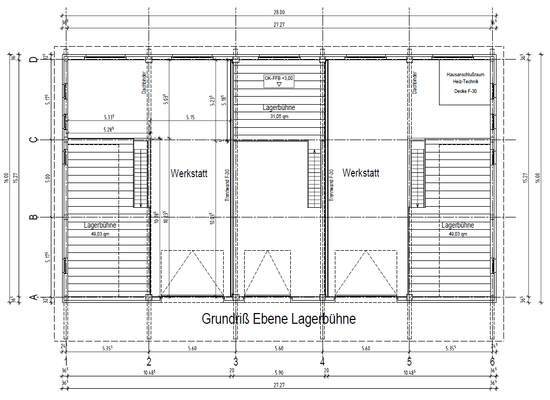 Grundriss der Gewerbehalle mit möglichen Lagerbühnen.