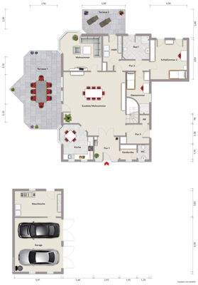 Grundriss Erdgeschoss (nicht maßstabsgerecht, Möblierungsbeispiel)