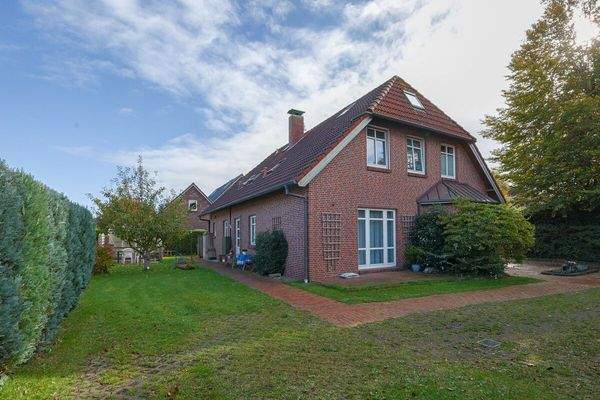 Der Blick aus dem Garten auf das Haus