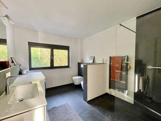 Das moderne Badezimmer verfügt über eine Walk- in Dusche und Waschmaschinenanschluss