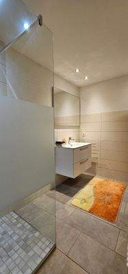 modernisiertes Bad mit flacher Dusche