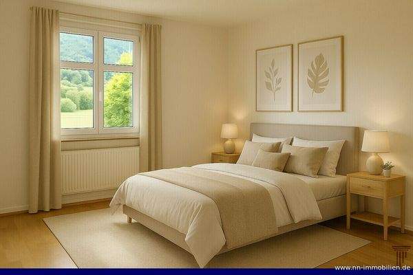 helles und geräumiges Schlafzimmer  möbliert durch KI