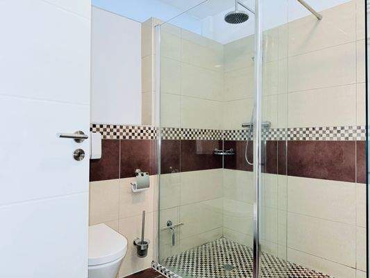 großzügige Regendusche und Oberlicht 