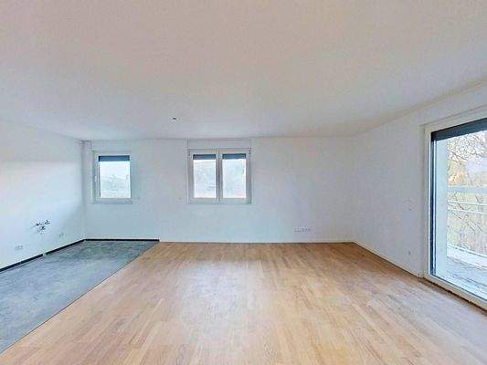 Ansicht III: Wohn- und Esszimmer mit offenem Küchenbereich