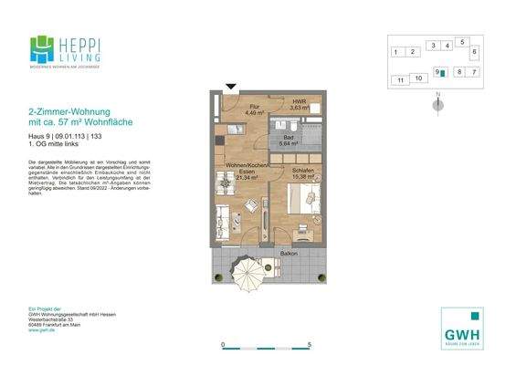 Grundriss mit Flur (4,49 m²), Bad (5,64 m²), Koch-Ess-Wohnbereich (21,354 m²), Schlafzimmer (15,38 m²), Hauswirtschaftsraum (3,63 m²) und Balkon