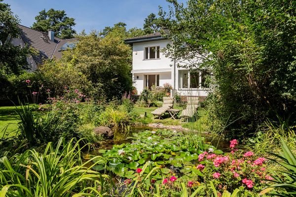 Garden landscape with natural pond &amp; high level of