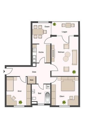 Grundriss 3-Zimmer-Wohnung rechts